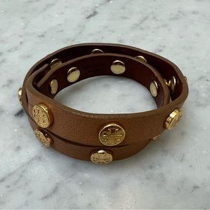 Tory Burch Leather Logo Stud Double Wrap Bracelet - Camel and Gold